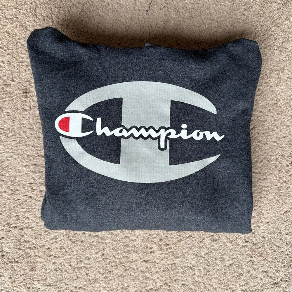 Champion Sweatshirt Mens Small Grey Hoodie Pockets Logo Spellout - Picture 12 of 12